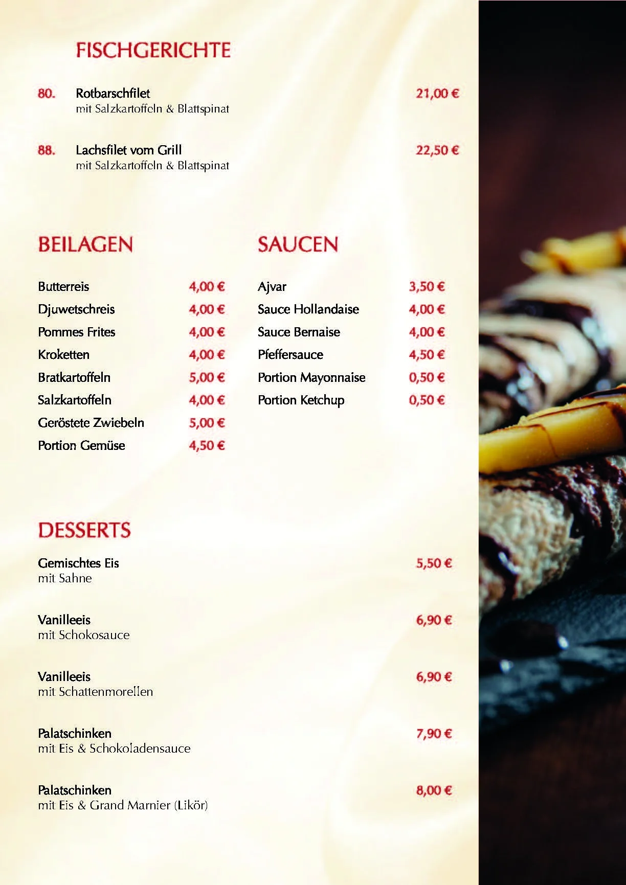Speisekarte des Bergischen Hof: Fisch, Beilagen, Saucen & Desserts