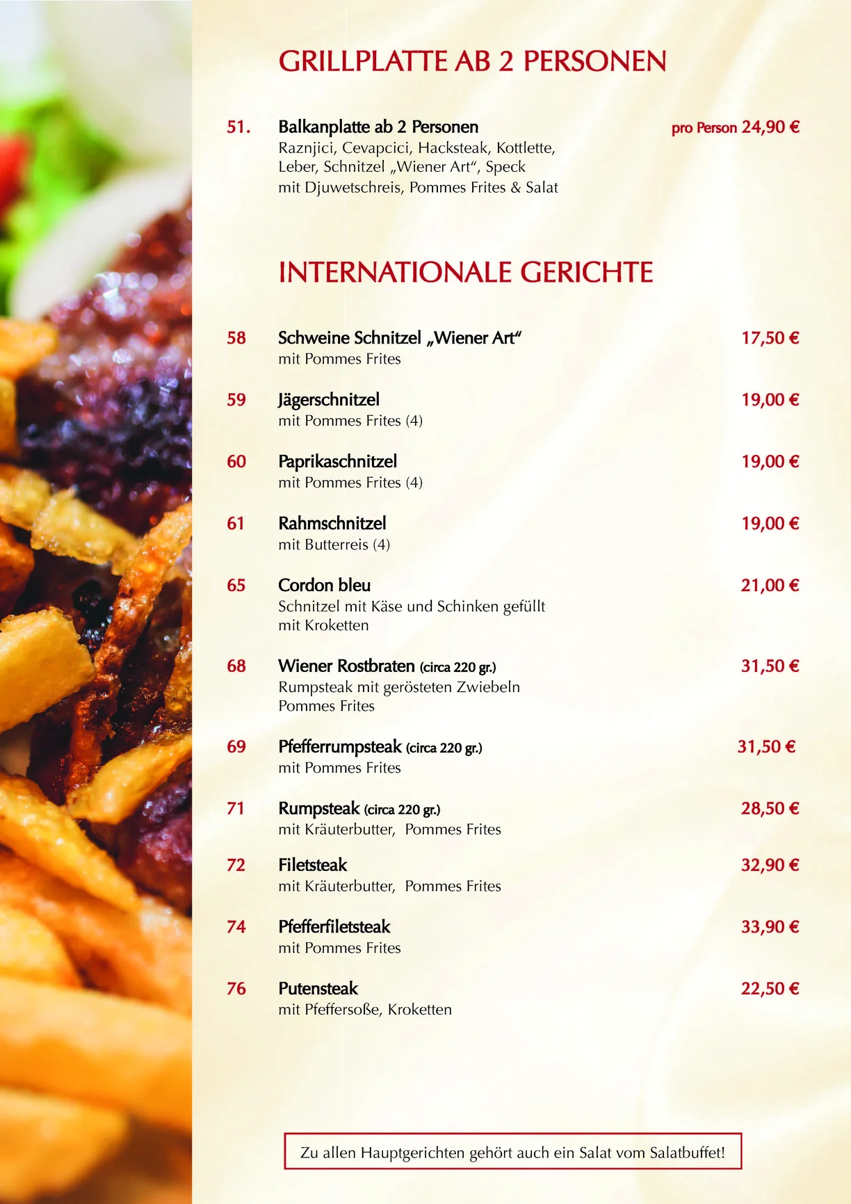 Speisekarte des Bergischen Hof: Grillplatte & Internationale Gerichte