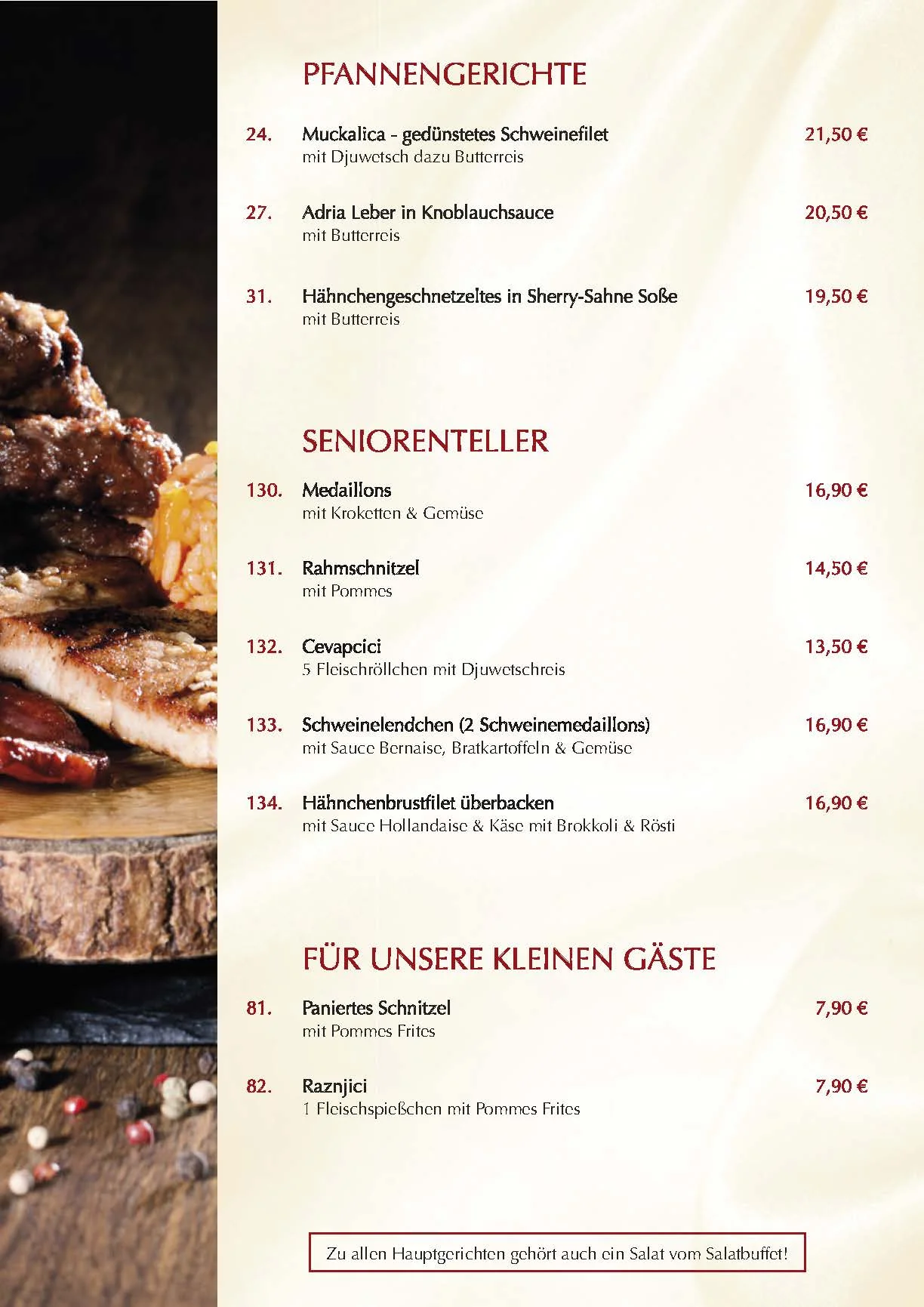 Speisekarte des Bergischen Hof: Pfannengerichte, Seniorenteller & Kinder