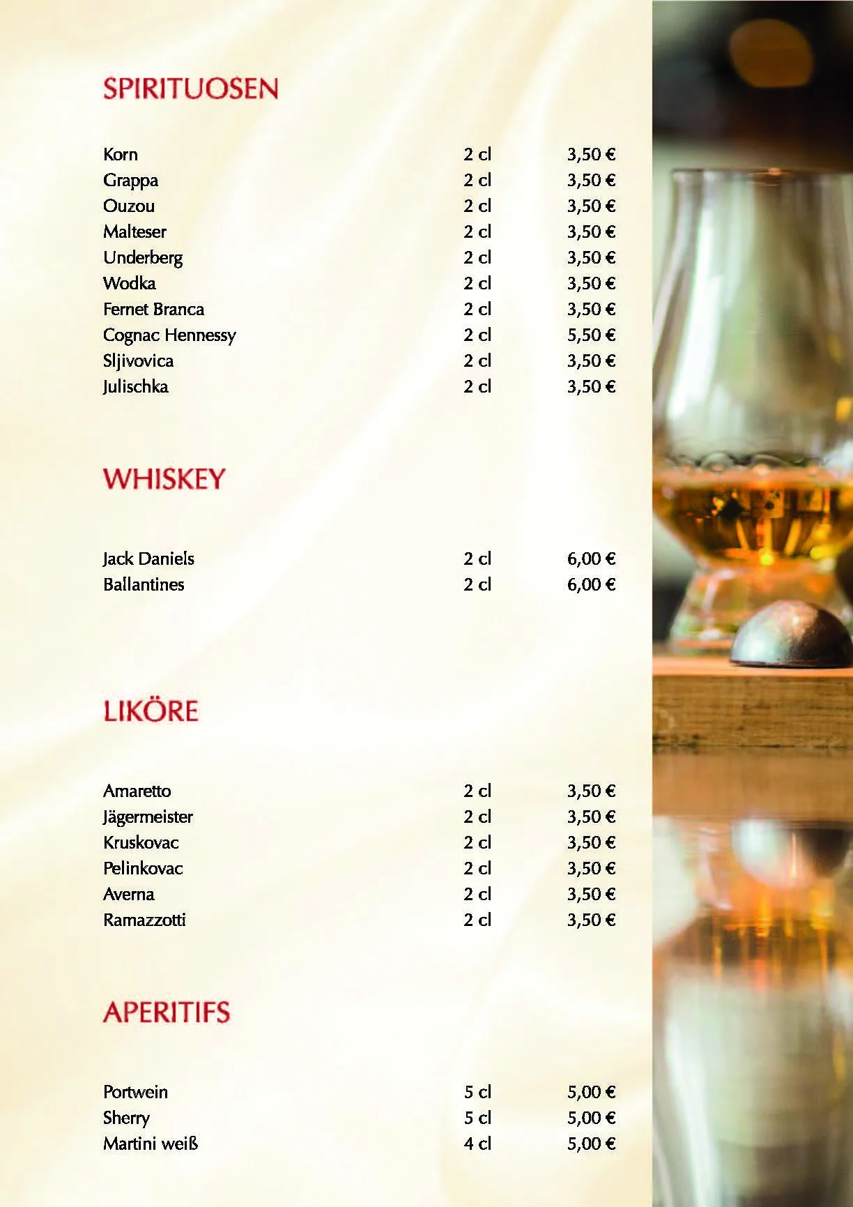 Speisekarte des Bergischen Hof: Spirituosen, Liköre & Aperitifs