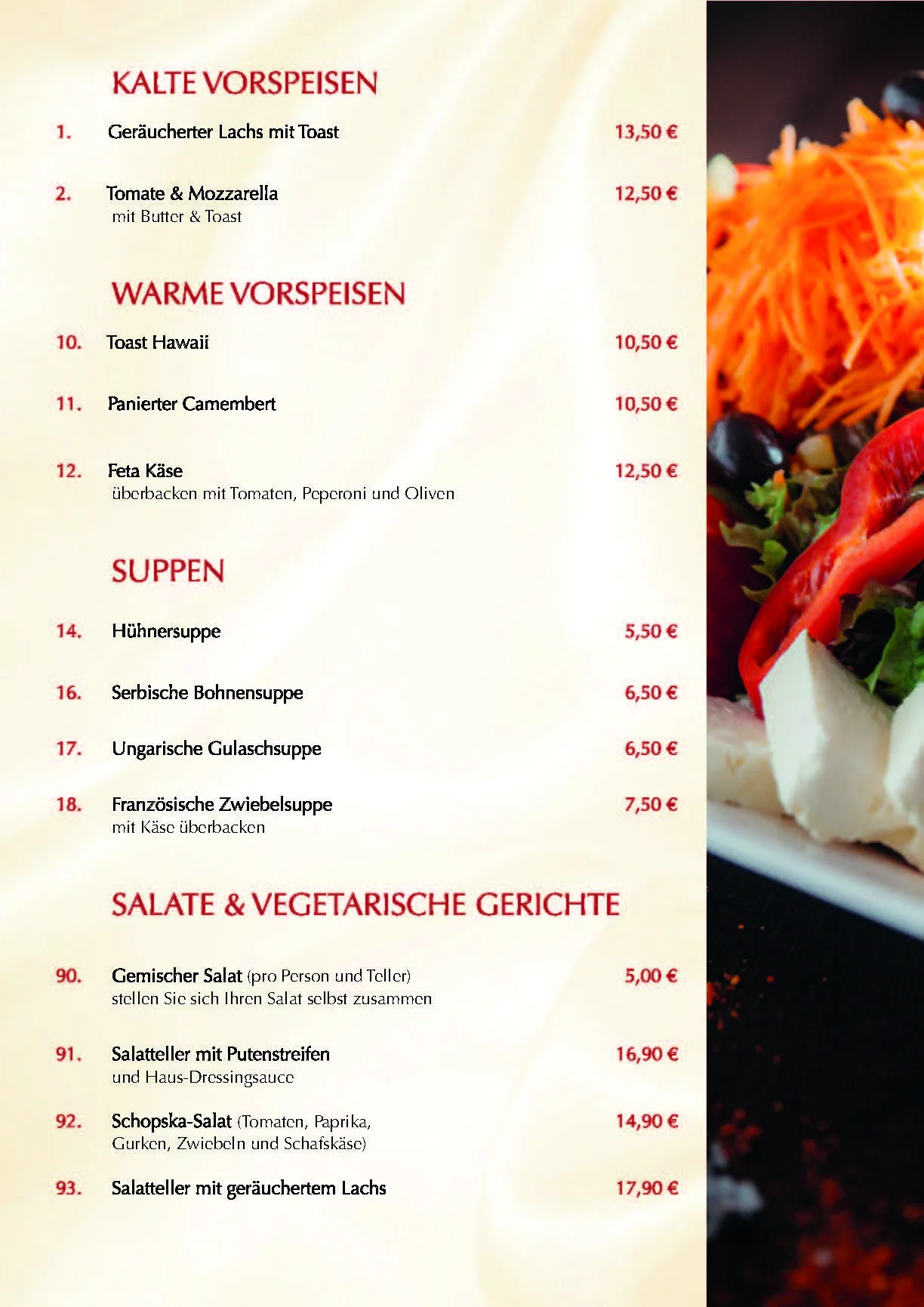 Speisekarte des Bergischen Hof: Kalte & warme Vorspeisen, Suppen, Salate