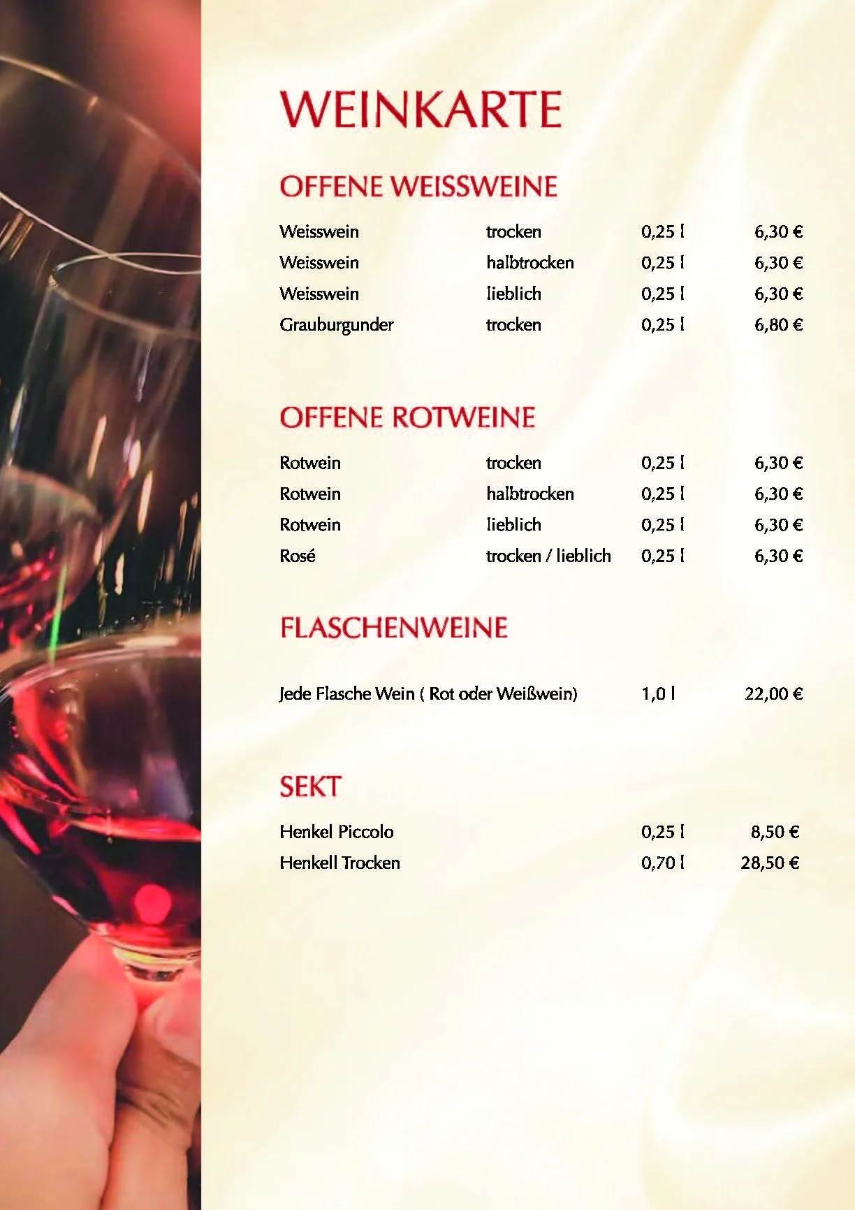 Speisekarte des Bergischen Hof: Weinkarte